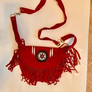 Red Suede leather fringe shoulder cross body bag